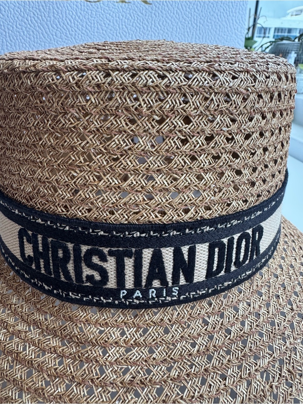 Dior Tan Straw Bucket Hat with Black Logo Band - Picture 5 of 10